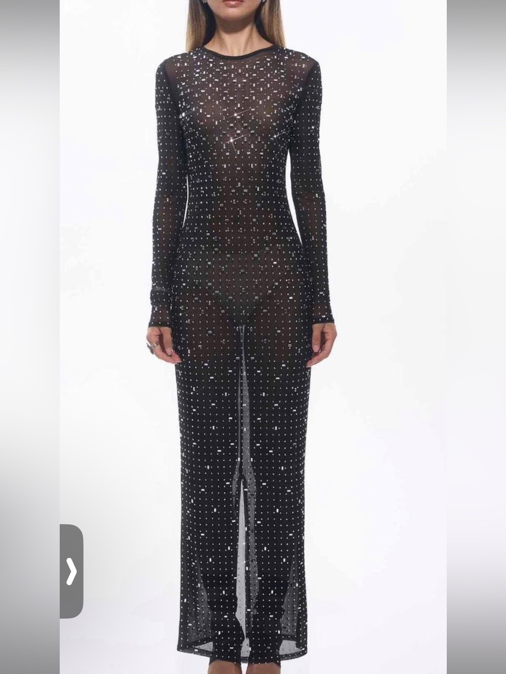 Embellished Sheer Black Long-Sleeve Maxi Dress